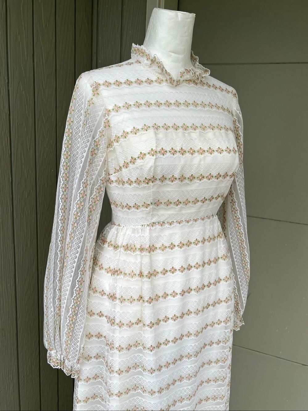 VTG 60s 70s Lace Prairie Maxi Dress Victorian Cottagecore Wedding Bridal XS/S
